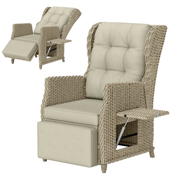 Outsunny Rattan Garden Recliner Chair, Reclining Garden Chair with Adjustable Back and Footrest, Flip Table, Cushion, Brown