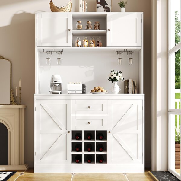 Tall Kitchen Cabinet with Wine Rack and Adjustable Shelves, Spacious Kitchen Cupboard with Doors and Drawers, 120L x 40W x 188H cm, White Aosom UK