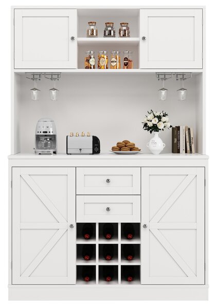 Tall Kitchen Cabinet with Wine Rack and Adjustable Shelves, Spacious Kitchen Cupboard with Doors and Drawers, 120L x 40W x 188H cm, White Aosom UK