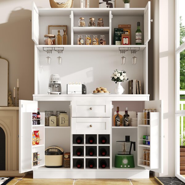 Tall Kitchen Cabinet with Wine Rack and Adjustable Shelves, Spacious Kitchen Cupboard with Doors and Drawers, 120L x 40W x 188H cm, White Aosom UK