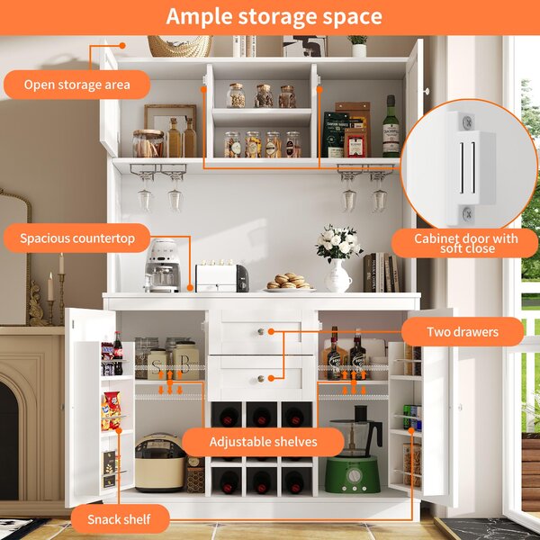 Tall Kitchen Cabinet with Wine Rack and Adjustable Shelves, Spacious Kitchen Cupboard with Doors and Drawers, 120L x 40W x 188H cm, White Aosom UK
