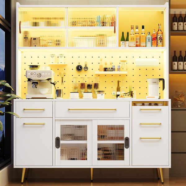 Trendy Sideboard with App-Controlled LED and MDF Pegboard, Tall Storage Cabinet with Sliding Door, 45L x 39W x 171H cm, White Aosom UK
