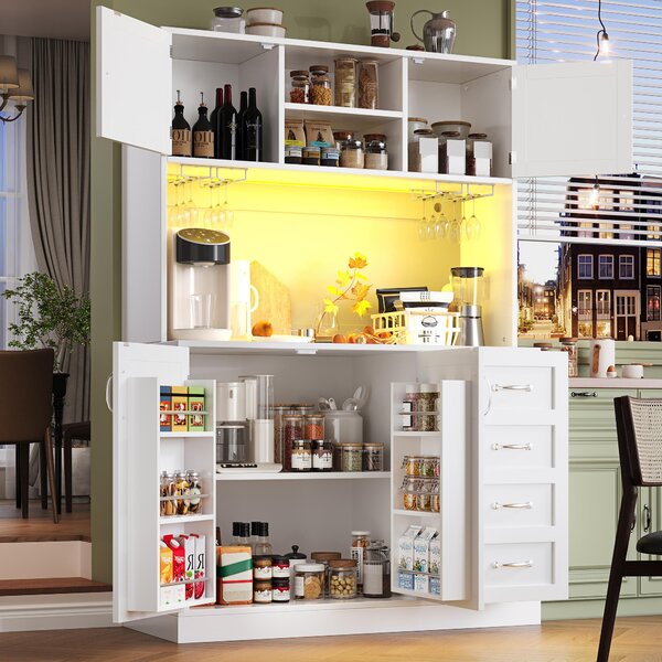 Trendy Sideboard with App-Controlled LED, Snack Rack and Drink Holders, Spacious Buffet with Anti-Tip Fixings, 120L x 40W x 188H cm, White Aosom UK