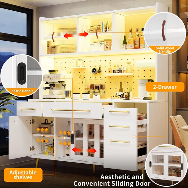 Trendy Sideboard with App-Controlled LED and MDF Pegboard, Tall Storage Cabinet with Sliding Door, 45L x 39W x 171H cm, White Aosom UK