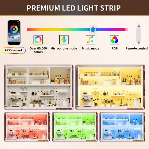 Trendy Sideboard with App-Controlled LED and MDF Pegboard, Tall Storage Cabinet with Sliding Door, 45L x 39W x 171H cm, White Aosom UK