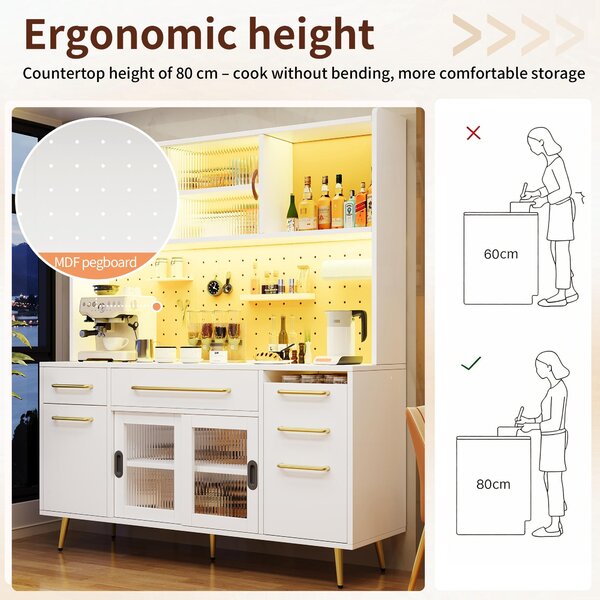 Trendy Sideboard with App-Controlled LED and MDF Pegboard, Tall Storage Cabinet with Sliding Door, 45L x 39W x 171H cm, White Aosom UK