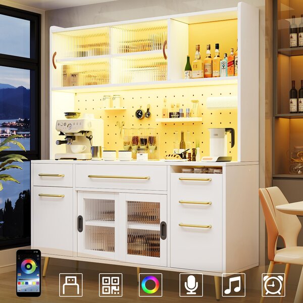 Trendy Sideboard with App-Controlled LED and MDF Pegboard, Tall Storage Cabinet with Sliding Door, 45L x 39W x 171H cm, White Aosom UK