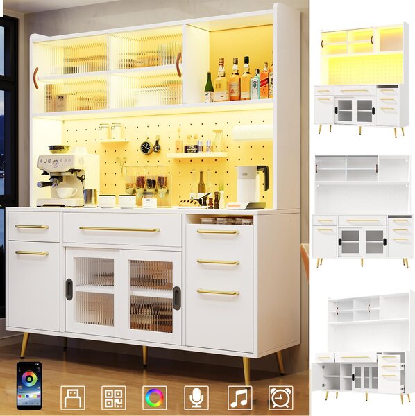 Trendy Sideboard with App-Controlled LED and MDF Pegboard, Tall Storage Cabinet with Sliding Door, 45L x 39W x 171H cm, White Aosom UK