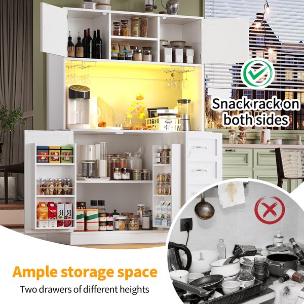 Trendy Sideboard with App-Controlled LED, Snack Rack and Drink Holders, Spacious Buffet with Anti-Tip Fixings, 120L x 40W x 188H cm, White Aosom UK
