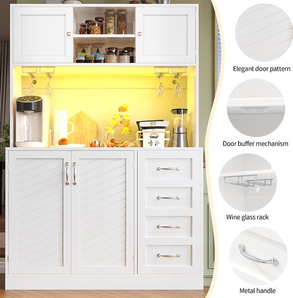 Trendy Sideboard with App-Controlled LED, Snack Rack and Drink Holders, Spacious Buffet with Anti-Tip Fixings, 120L x 40W x 188H cm, White Aosom UK