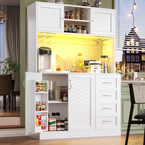 Trendy Sideboard with App-Controlled LED, Snack Rack and Drink Holders, Spacious Buffet with Anti-Tip Fixings, 120L x 40W x 188H cm, White Aosom UK