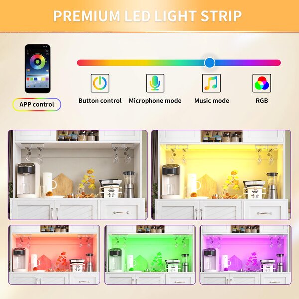 Trendy Sideboard with App-Controlled LED, Snack Rack and Drink Holders, Spacious Buffet with Anti-Tip Fixings, 120L x 40W x 188H cm, White Aosom UK