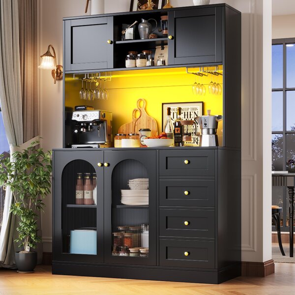 Trendy Sideboard with App-Controlled LED, Snack Rack and Drink Holders, Spacious Buffet with Anti-Tip Fixings, 120L x 40W x 188H cm, Black Aosom UK