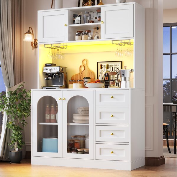 Modern Sideboard with App-Controlled LED, Snack Rack and Drink Holders, Spacious Buffet with Anti-Tip Fixings, 120L x 40W x 188H cm, White Aosom UK