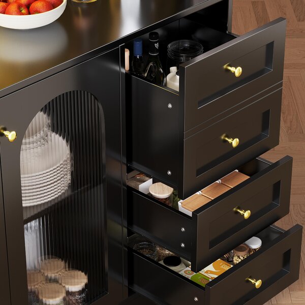 Trendy Sideboard with App-Controlled LED, Snack Rack and Drink Holders, Spacious Buffet with Anti-Tip Fixings, 120L x 40W x 188H cm, Black Aosom UK