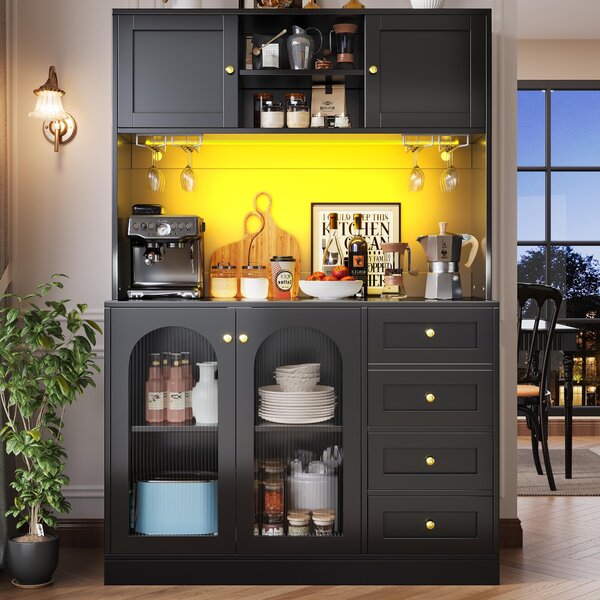 Trendy Sideboard with App-Controlled LED, Snack Rack and Drink Holders, Spacious Buffet with Anti-Tip Fixings, 120L x 40W x 188H cm, Black Aosom UK