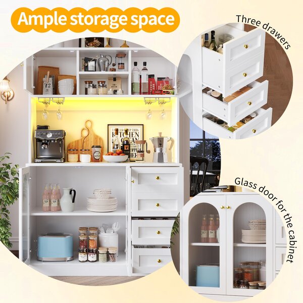Modern Sideboard with App-Controlled LED, Snack Rack and Drink Holders, Spacious Buffet with Anti-Tip Fixings, 120L x 40W x 188H cm, White Aosom UK