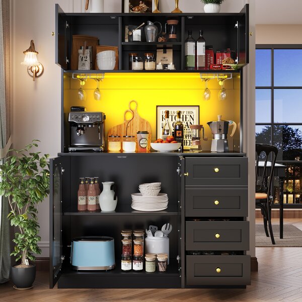 Trendy Sideboard with App-Controlled LED, Snack Rack and Drink Holders, Spacious Buffet with Anti-Tip Fixings, 120L x 40W x 188H cm, Black Aosom UK