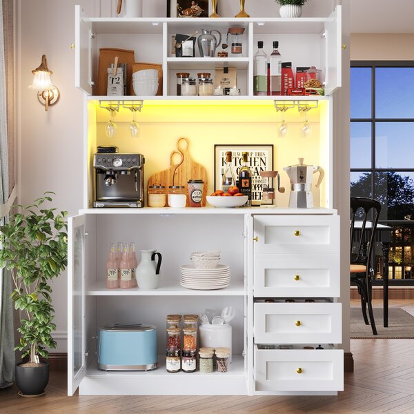 Modern Sideboard with App-Controlled LED, Snack Rack and Drink Holders, Spacious Buffet with Anti-Tip Fixings, 120L x 40W x 188H cm, White Aosom UK