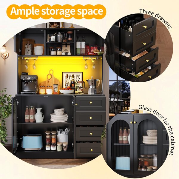 Trendy Sideboard with App-Controlled LED, Snack Rack and Drink Holders, Spacious Buffet with Anti-Tip Fixings, 120L x 40W x 188H cm, Black Aosom UK