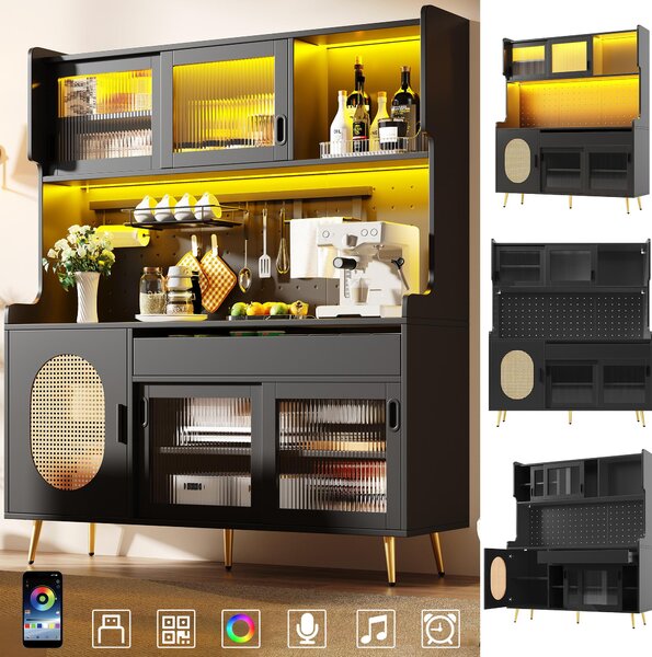 Country-Style Sideboard with Fluted Glass Doors, App-Controlled LED Strip, Storage Buffet with Pegboard Back, 145L x 39W x 171H cm, Black Aosom UK