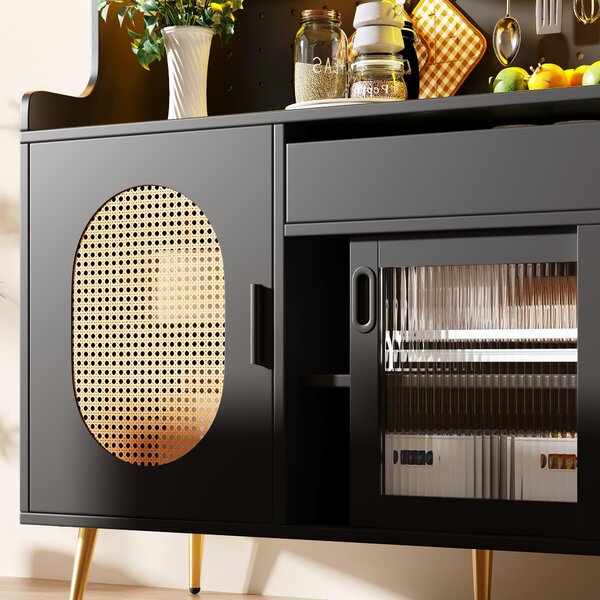 Country-Style Sideboard with Fluted Glass Doors, App-Controlled LED Strip, Storage Buffet with Pegboard Back, 145L x 39W x 171H cm, Black Aosom UK