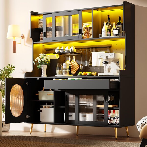 Country-Style Sideboard with Fluted Glass Doors, App-Controlled LED Strip, Storage Buffet with Pegboard Back, 145L x 39W x 171H cm, Black Aosom UK