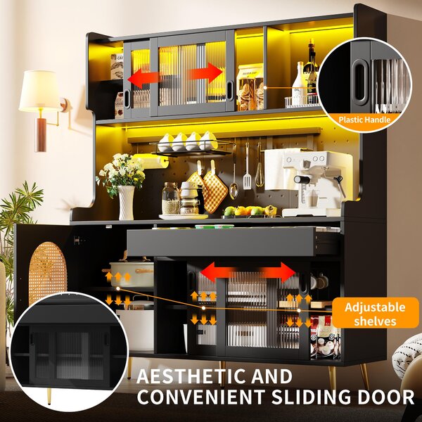 Country-Style Sideboard with Fluted Glass Doors, App-Controlled LED Strip, Storage Buffet with Pegboard Back, 145L x 39W x 171H cm, Black Aosom UK