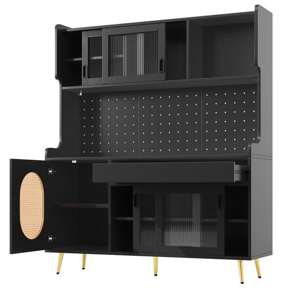 Country-Style Sideboard with Fluted Glass Doors, App-Controlled LED Strip, Storage Buffet with Pegboard Back, 145L x 39W x 171H cm, Black Aosom UK