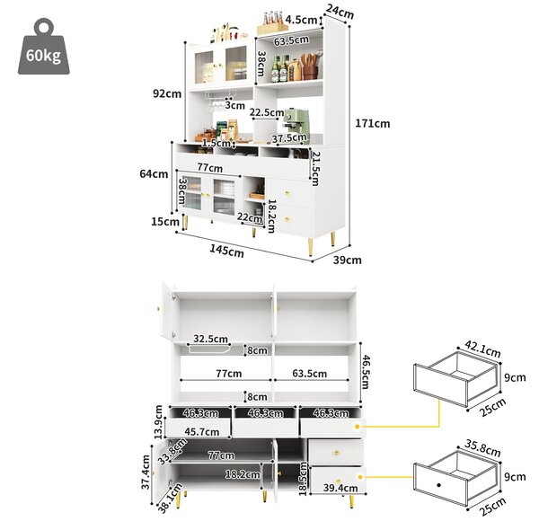 Multifunctional Sideboard with Changhong Glass Door and Glass Holder, Spacious Buffet with Multiple Drawers, 145L x 39W x 171H cm, White Aosom UK