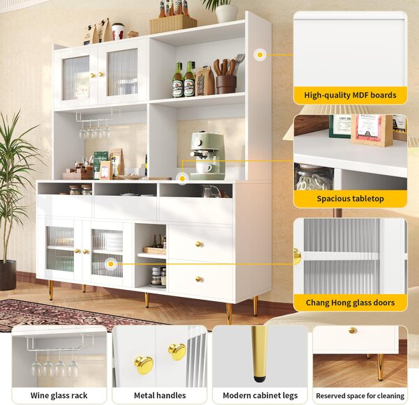 Multifunctional Sideboard with Changhong Glass Door and Glass Holder, Spacious Buffet with Multiple Drawers, 145L x 39W x 171H cm, White Aosom UK