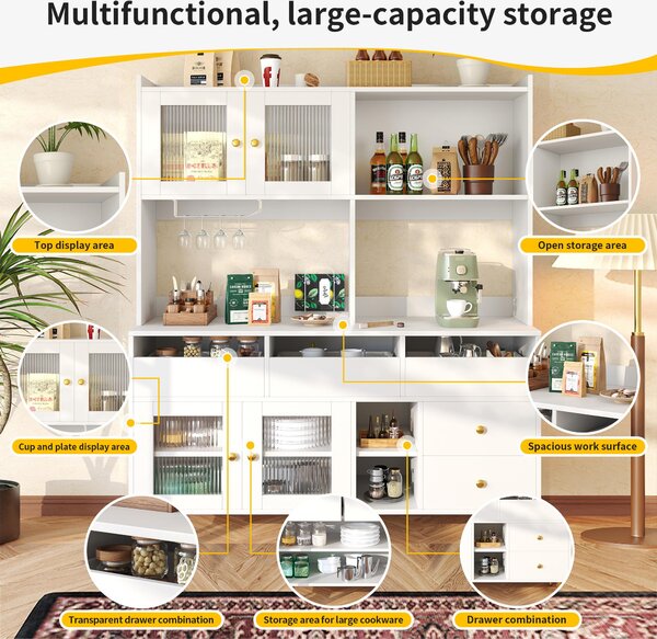 Multifunctional Sideboard with Changhong Glass Door and Glass Holder, Spacious Buffet with Multiple Drawers, 145L x 39W x 171H cm, White Aosom UK