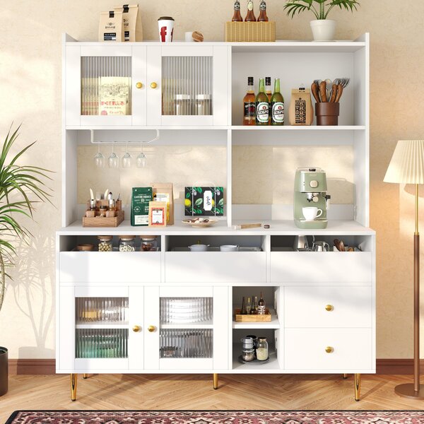Multifunctional Sideboard with Changhong Glass Door and Glass Holder, Spacious Buffet with Multiple Drawers, 145L x 39W x 171H cm, White Aosom UK