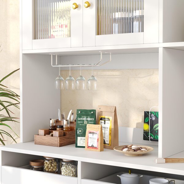 Multifunctional Sideboard with Changhong Glass Door and Glass Holder, Spacious Buffet with Multiple Drawers, 145L x 39W x 171H cm, White Aosom UK