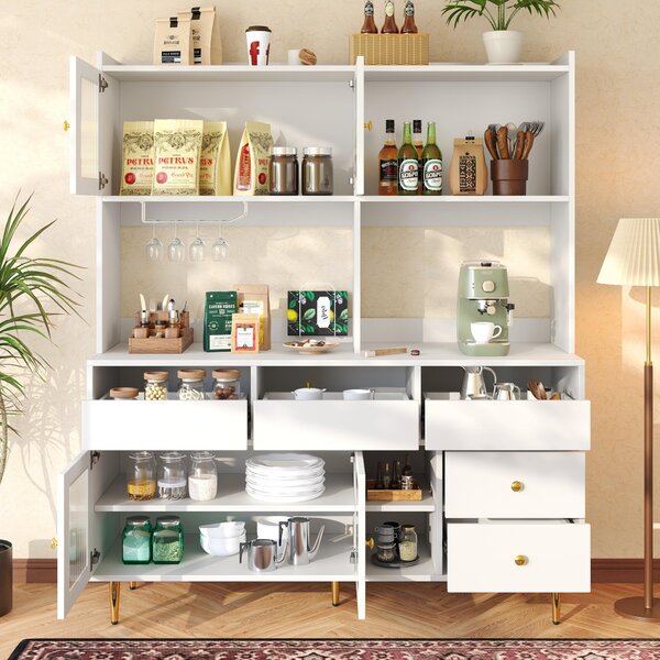 Multifunctional Sideboard with Changhong Glass Door and Glass Holder, Spacious Buffet with Multiple Drawers, 145L x 39W x 171H cm, White Aosom UK