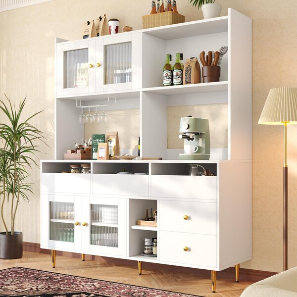 Multifunctional Sideboard with Changhong Glass Door and Glass Holder, Spacious Buffet with Multiple Drawers, 145L x 39W x 171H cm, White Aosom UK
