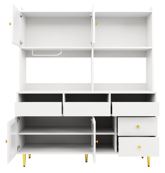 Multifunctional Sideboard with Changhong Glass Door and Glass Holder, Spacious Buffet with Multiple Drawers, 145L x 39W x 171H cm, White Aosom UK