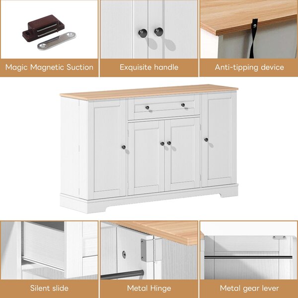 Practical Kitchen Sideboard with Double-Door Compartment, Spacious Cabinet with Adjustable Shelves, 138L x 40W x 85H cm, Natural+White Aosom UK