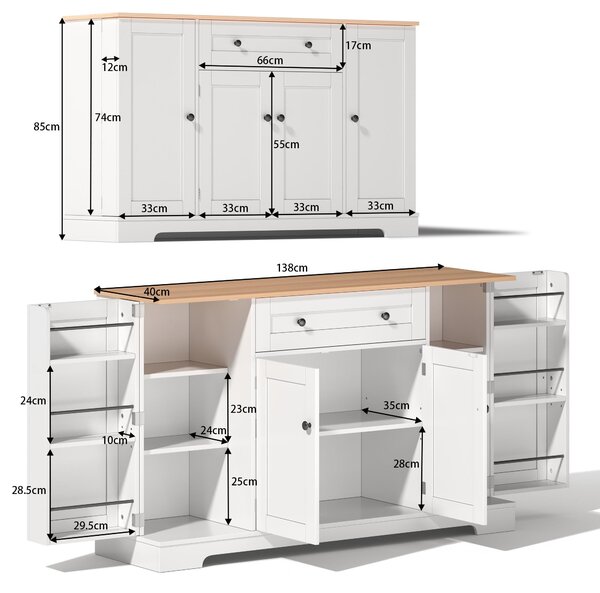 Practical Kitchen Sideboard with Double-Door Compartment, Spacious Cabinet with Adjustable Shelves, 138L x 40W x 85H cm, Natural+White Aosom UK