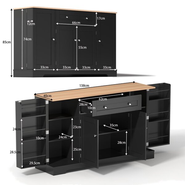 Multifunctional Kitchen Sideboard with Double-Door Compartment, Spacious Cabinet with Adjustable Shelves, 138L x 40W x 85H cm, Black Aosom UK
