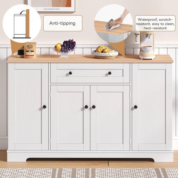 Practical Kitchen Sideboard with Double-Door Compartment, Spacious Cabinet with Adjustable Shelves, 138L x 40W x 85H cm, Natural+White Aosom UK