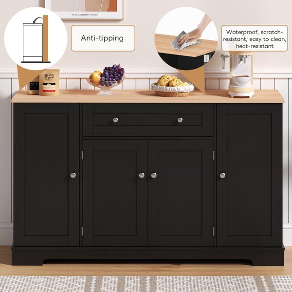 Multifunctional Kitchen Sideboard with Double-Door Compartment, Spacious Cabinet with Adjustable Shelves, 138L x 40W x 85H cm, Black Aosom UK