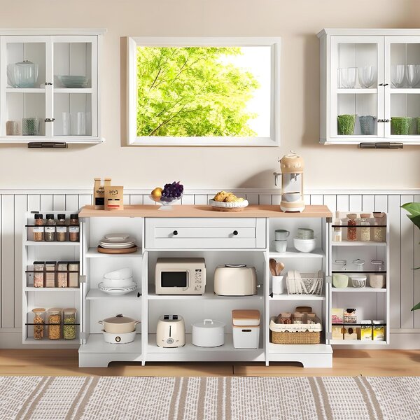 Practical Kitchen Sideboard with Double-Door Compartment, Spacious Cabinet with Adjustable Shelves, 138L x 40W x 85H cm, Natural+White Aosom UK