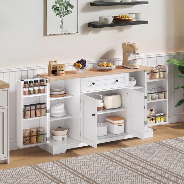Practical Kitchen Sideboard with Double-Door Compartment, Spacious Cabinet with Adjustable Shelves, 138L x 40W x 85H cm, Natural+White Aosom UK
