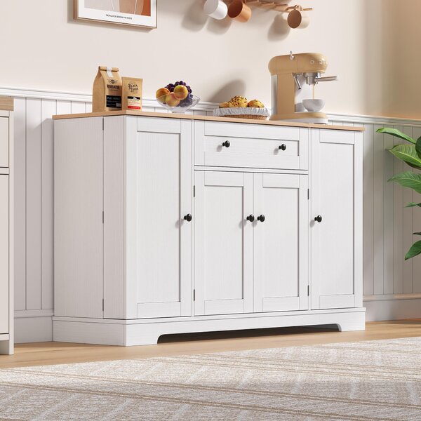Practical Kitchen Sideboard with Double-Door Compartment, Spacious Cabinet with Adjustable Shelves, 138L x 40W x 85H cm, Natural+White Aosom UK