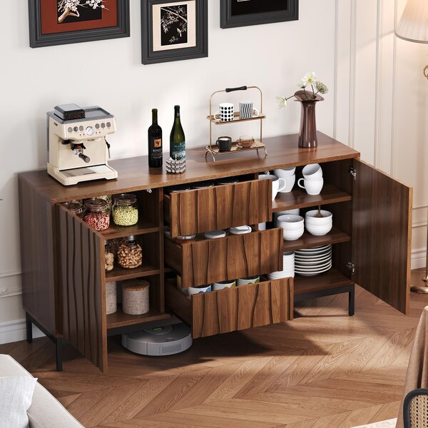 Mid-Century Modern Sideboard with Oak-Grain Slotted Design, Versatile Buffet with Adjustable Shelves, 150L x 40W x 80H cm, Natural Aosom UK