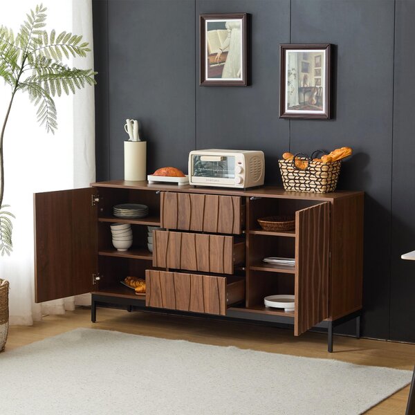 Mid-Century Modern Sideboard with Oak-Grain Slotted Design, Versatile Buffet with Adjustable Shelves, 150L x 40W x 80H cm, Natural Aosom UK