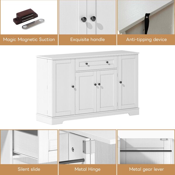 Multifunctional Kitchen Sideboard with Double-Door Compartment, Spacious Cabinet with Adjustable Shelves, 138L x 40W x 85H cm, White Aosom UK
