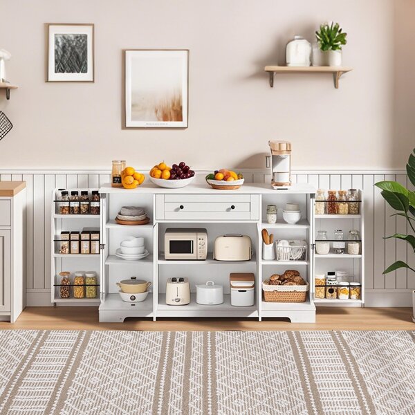 Multifunctional Kitchen Sideboard with Double-Door Compartment, Spacious Cabinet with Adjustable Shelves, 138L x 40W x 85H cm, White Aosom UK