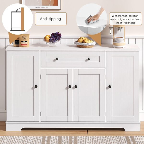 Multifunctional Kitchen Sideboard with Double-Door Compartment, Spacious Cabinet with Adjustable Shelves, 138L x 40W x 85H cm, White Aosom UK